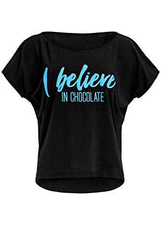 WINSHAPE Damen Ultra leichtes Modal-Kurzarmshirt MCT002 mit I Believe in Chocolate” Glitzer-Aufdruck, Dance Style Schwarz-neon-blau-glitzer im Sale